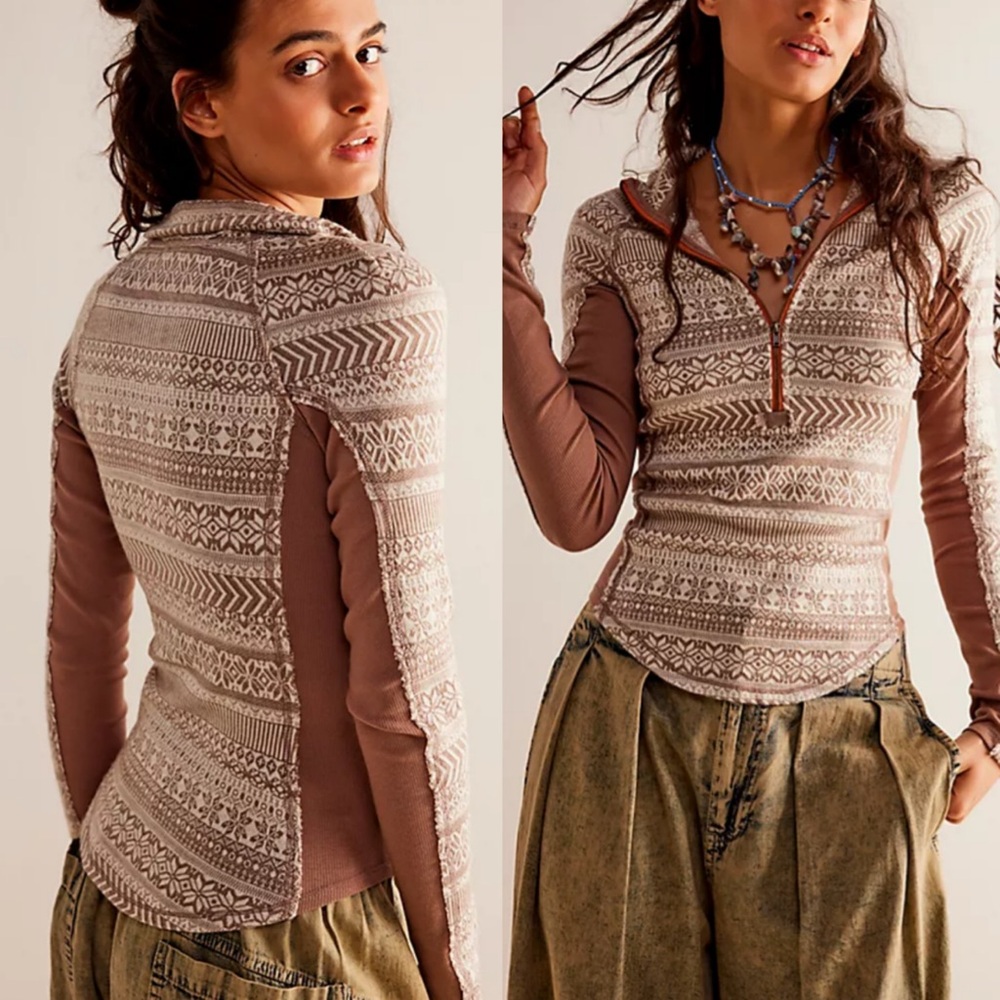 Free People Cozy Cabin Layering Top Fair Isle Preppy Boho Western Womens XL